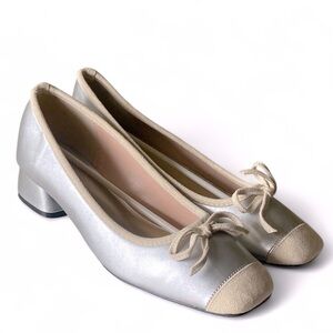 C.PARAVANO Suede Cap Toe Silver Low Block Heel Shoes Size 9.5 (40) NWT